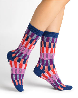 Bleuforet 6453 Multicoloured Checked Cashmere Socks- Blue/Grey