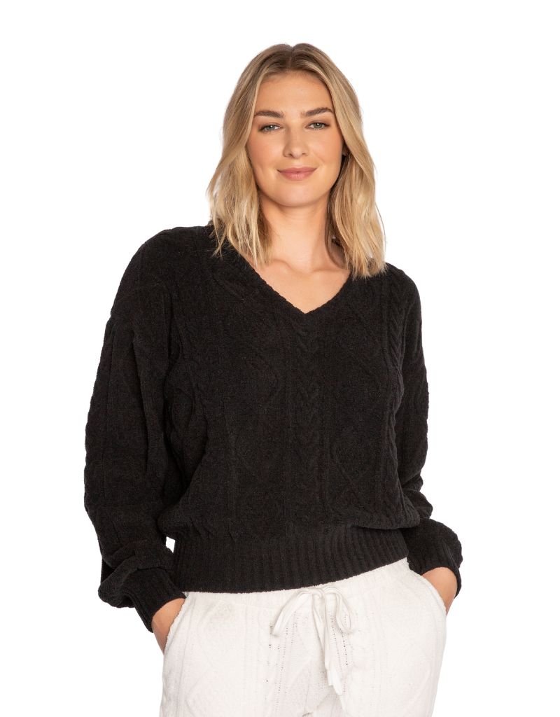 PJ SALVAGE CABLE CREW LOUNGE LONG SLEEVE TOP- IVORY/BLACK-RKCLLS