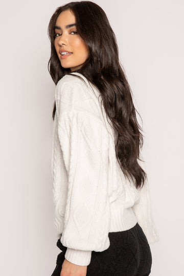PJ SALVAGE CABLE CREW LOUNGE LONG SLEEVE TOP- IVORY/BLACK-RKCLLS