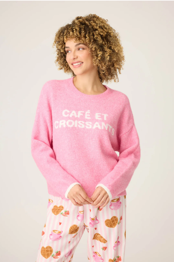 PJ Salvage - Cafe Et Croissants Snuggle Sweater - RUFLLS Bright Pink