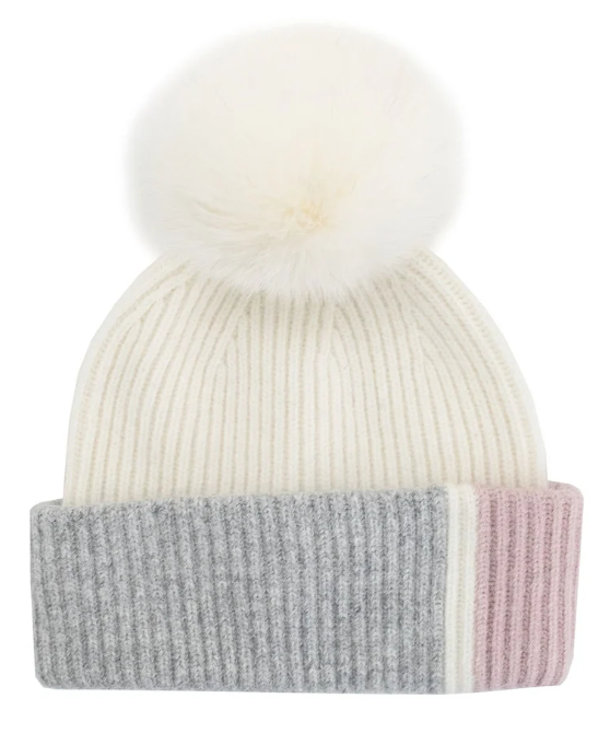 Mitchies Color Block 3 Tone Beanie W FOX POM- HTHL02