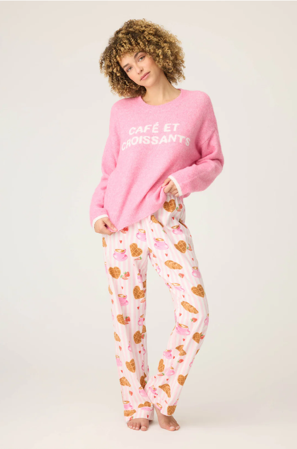 PJ Salvage - Cafe Et Croissants Snuggle Sweater - RUFLLS Bright Pink
