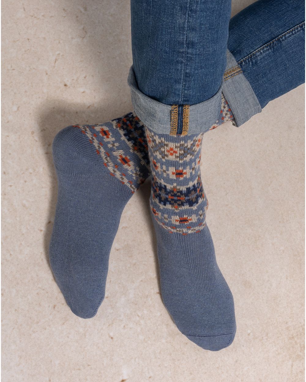 BLEUFORET wool & cashmere socks with jaquard pattern- Khakhi/Amiral/Cobalt- 7100