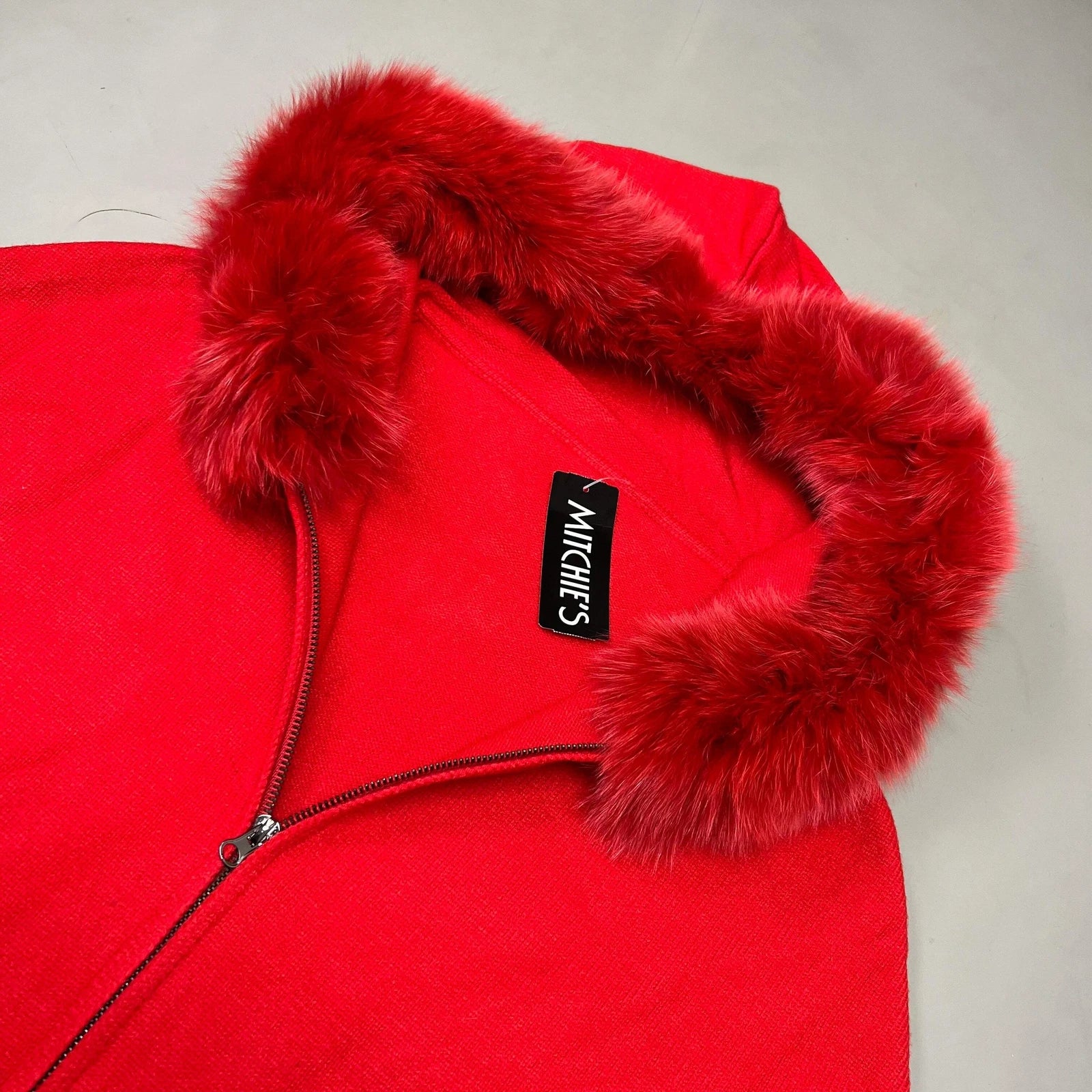 MITCHES Knit Zip up Poncho w/ Fur Trimmed Hood Womens- OS Red