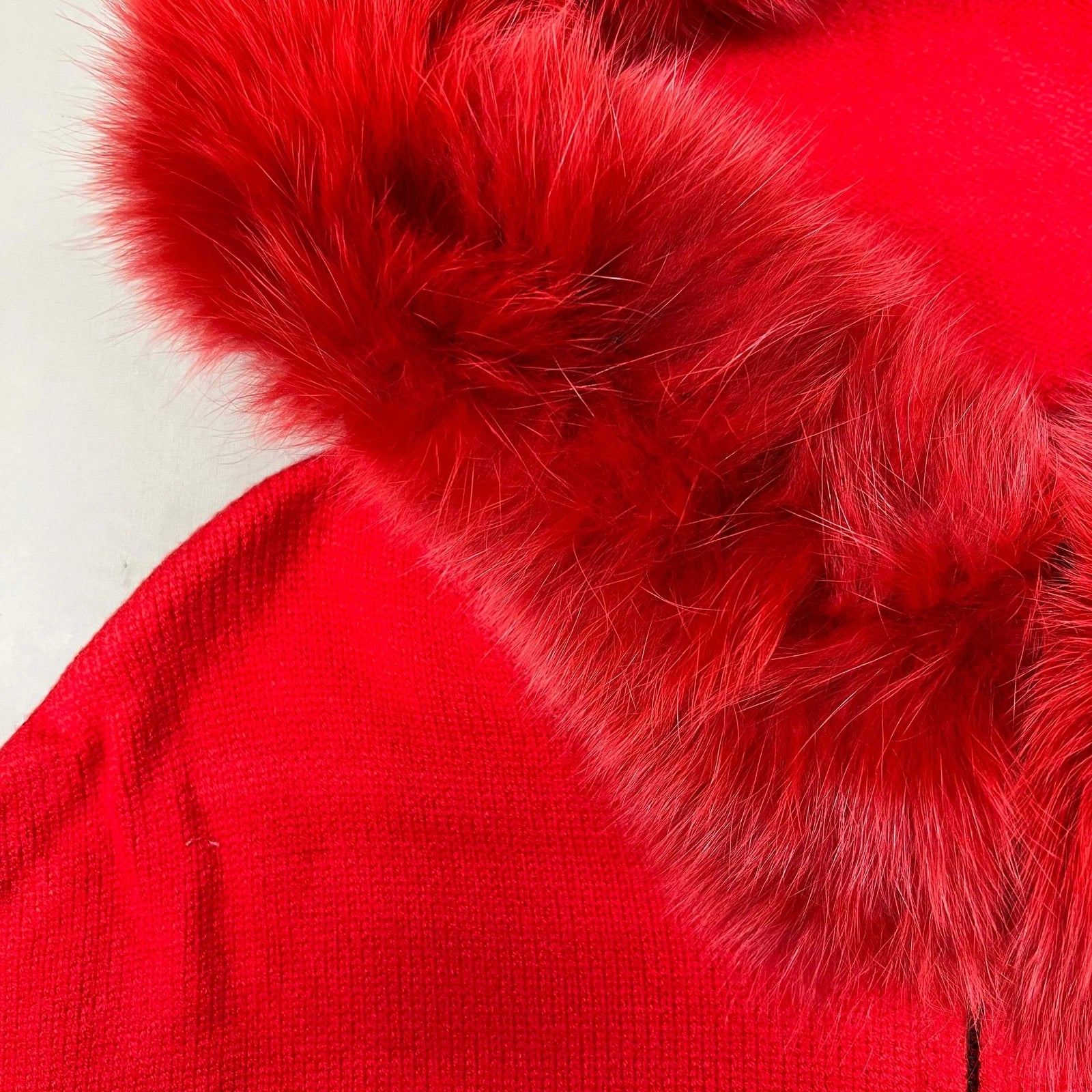 MITCHES Knit Zip up Poncho w/ Fur Trimmed Hood Womens- OS Red