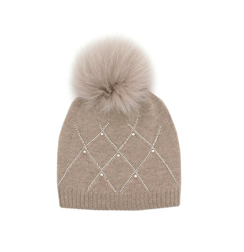 Mitchie's Knitted Hat with crystals and diamond weave w Fox pom pom - HTIM78
