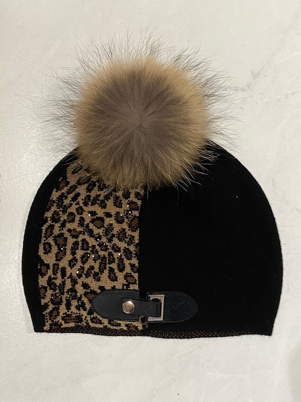 Mitchie's Animal Print Knitted Hat with Raccoon Fur Pom Pom