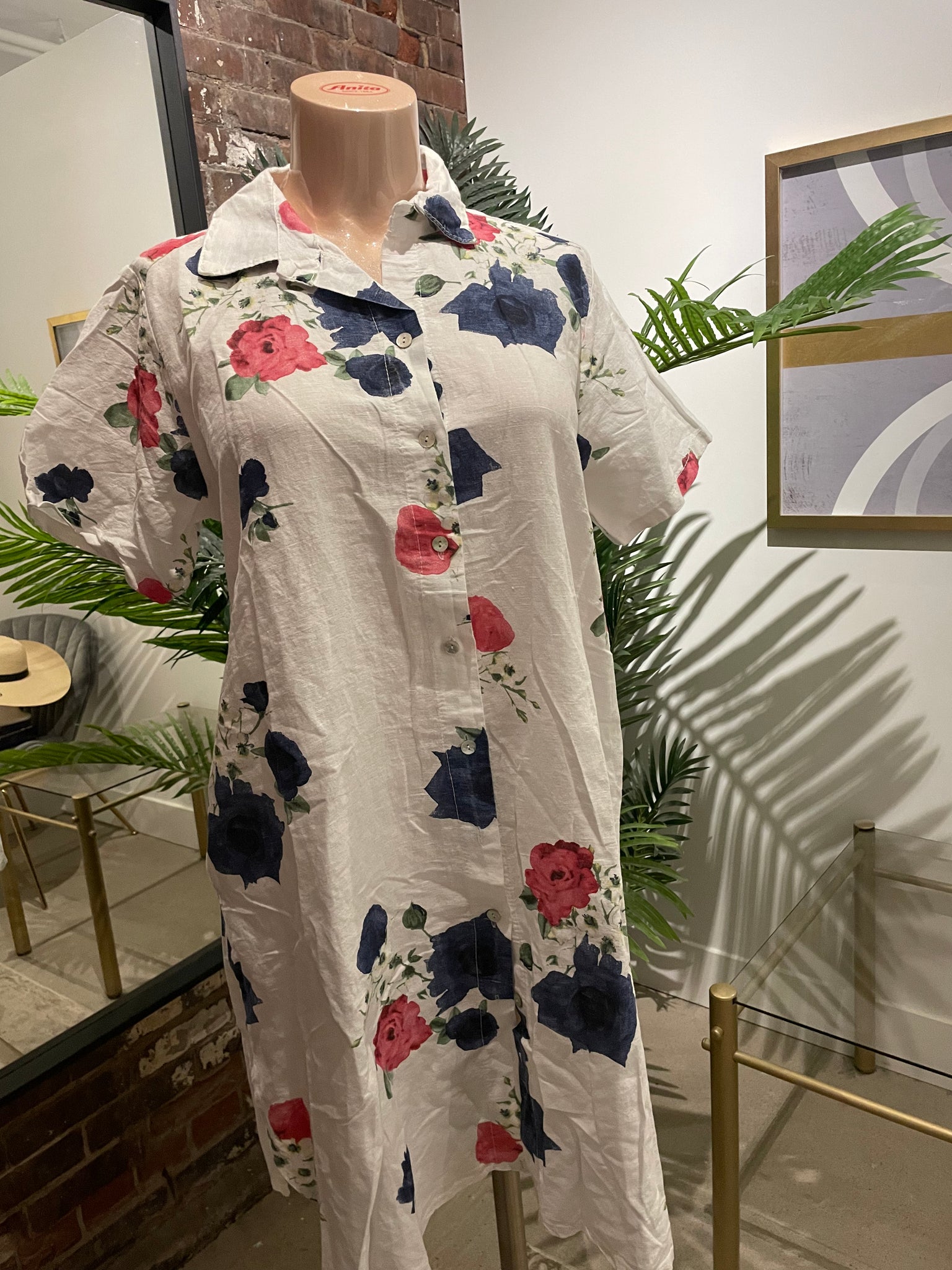 JA18980- Plum Loco 100% Linen Flower Print Dress