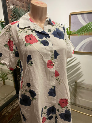 JA18980- Plum Loco 100% Linen Flower Print Dress
